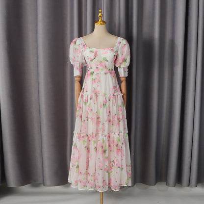 Romantic Retro Dress off Shoulder Heart Shaped Tube Top Boning Corset Waist Slimming Printed Dress  DestGlow