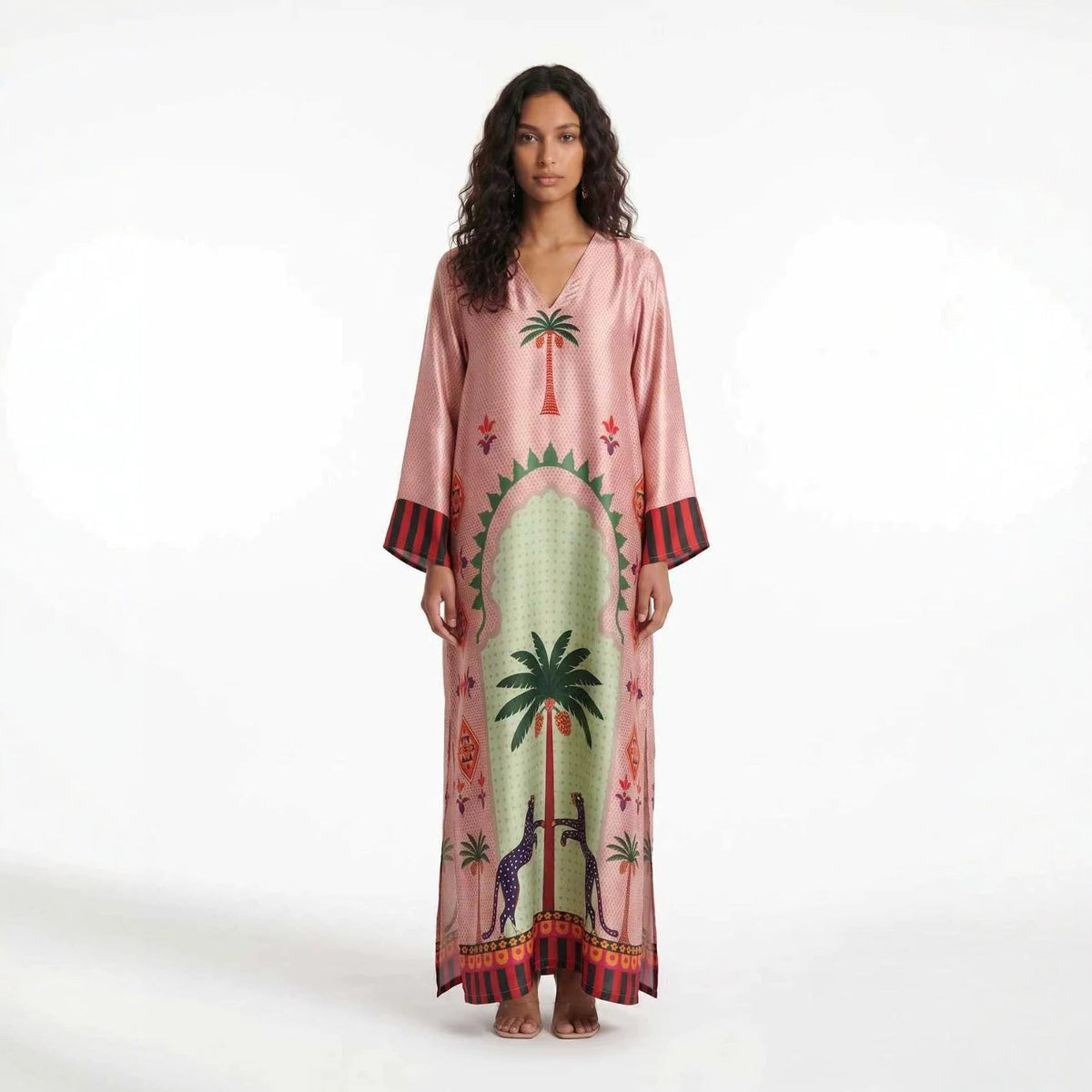 Spring Autumn Long Sleeved Positioning Satin Printed Dress Loose Split Dress  DestGlow