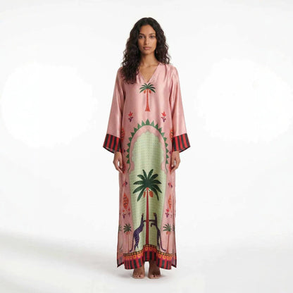 Spring Autumn Long Sleeved Positioning Satin Printed Dress Loose Split Dress  DestGlow