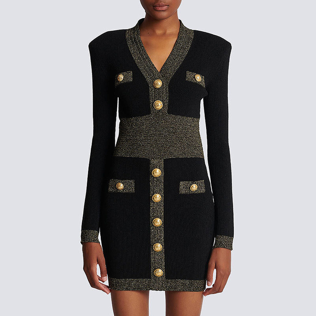 Spring Autumn Women Clothing Gold Silk Stitching High Quality Long Sleeve Waist Trimming Knitted Dress by Ragazza
