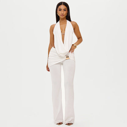 Women Clothing Winter Hanging Collar Backless Top Metal Buckle Bootcut Pants Two Piece Set by Ragazza