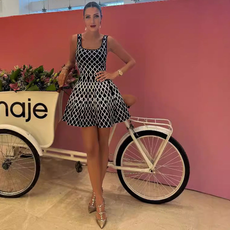 Spring Summer Contrast Color Water Ripple A Line Short Dress Inner Wear Fitted Waist Vest Base Knitting Dress Women by Ragazza