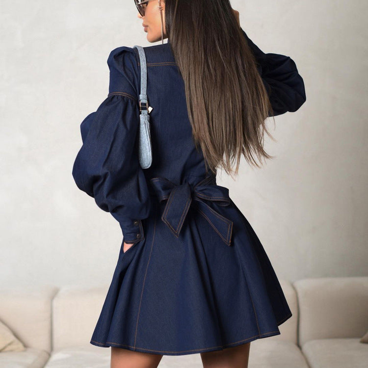 Denim Shirt Dress Niche Design Lantern Sleeve Lace up Graceful Fashionable Dress by Ragazza