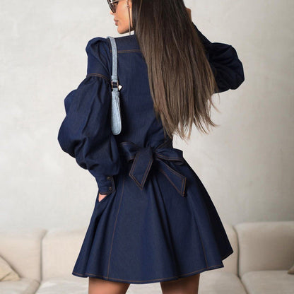 Denim Shirt Dress Niche Design Lantern Sleeve Lace up Graceful Fashionable Dress by Ragazza