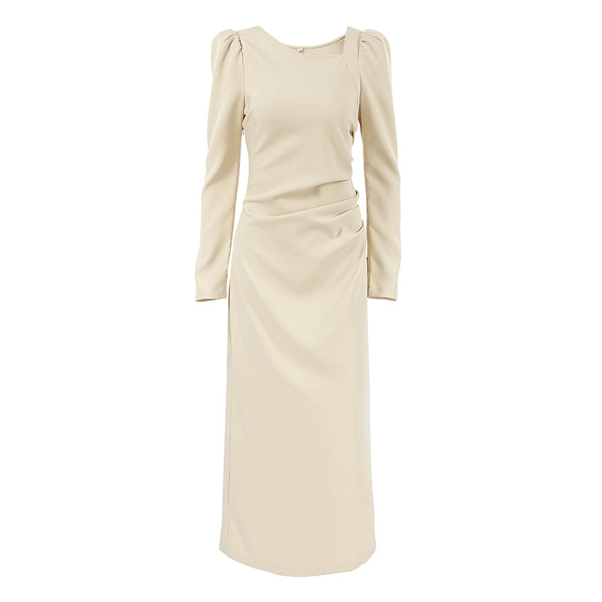 Autumn Casual Elegant Irregular Asymmetric Collar Puff Sleeve Tight Split Dress Khaki Maxi Dress by Ragazza
