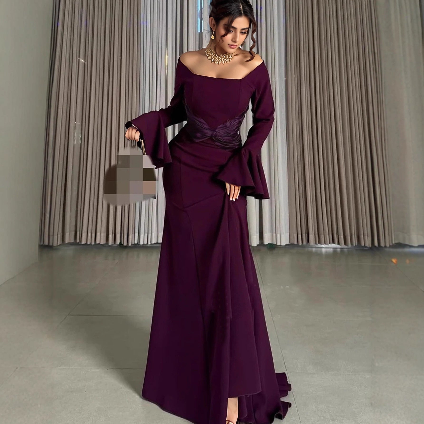 Women Clothes Long Sleeve off Shoulder Stitching Ruffle Slim Dress by Ragazza