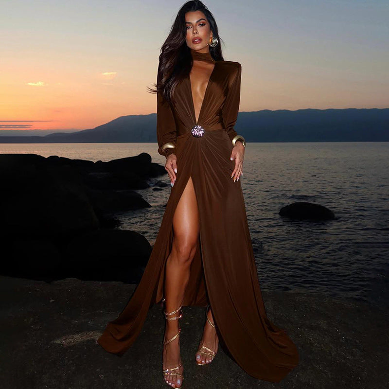 Fall Women Clothing Elegant Sexy Deep V Plunge neck Slim Fit Slit Long Sleeve Dress Women by Ragazza