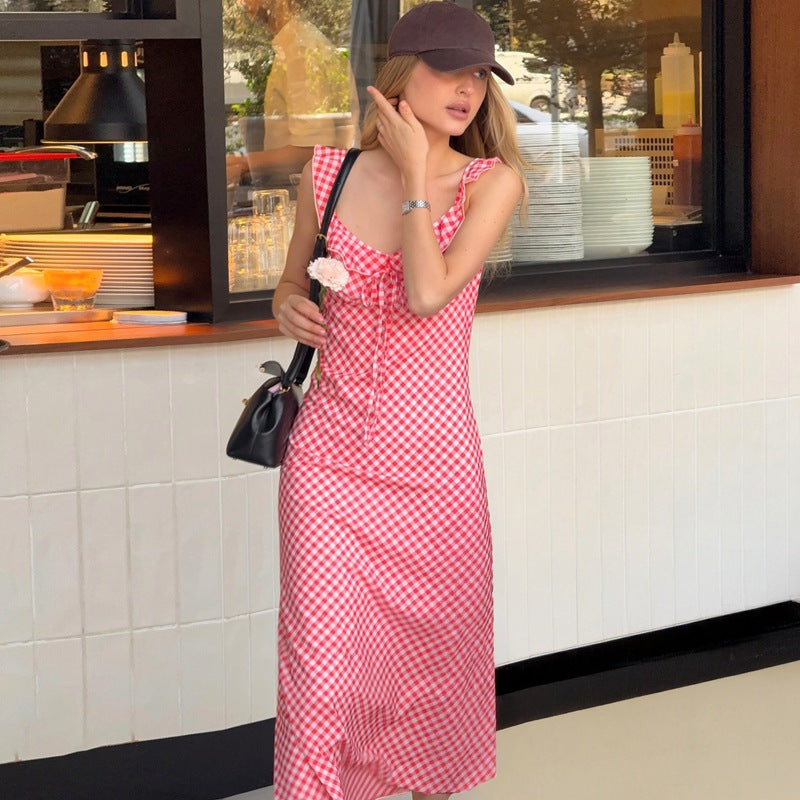 French Summer Sexy V neck Plaid Strap Dress Vacation Maxi Dress by Ragazza