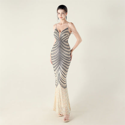 Deep V Plunge neck Wave Gradient Sequin Evening Dress Positioning Floral Cutting Craft Beaded Cocktail Battle Gown by Ragazza