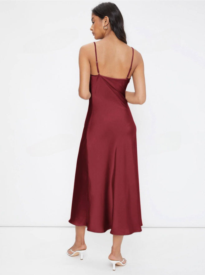 Women Clothing Spring Summer Satin Sling Deep V Plunge neck Slim Solid Color Dress by Ragazza