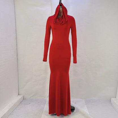 Women Clothing Autumn Solid Color Slim Fit Hood Long Sleeve Dress by Ragazza