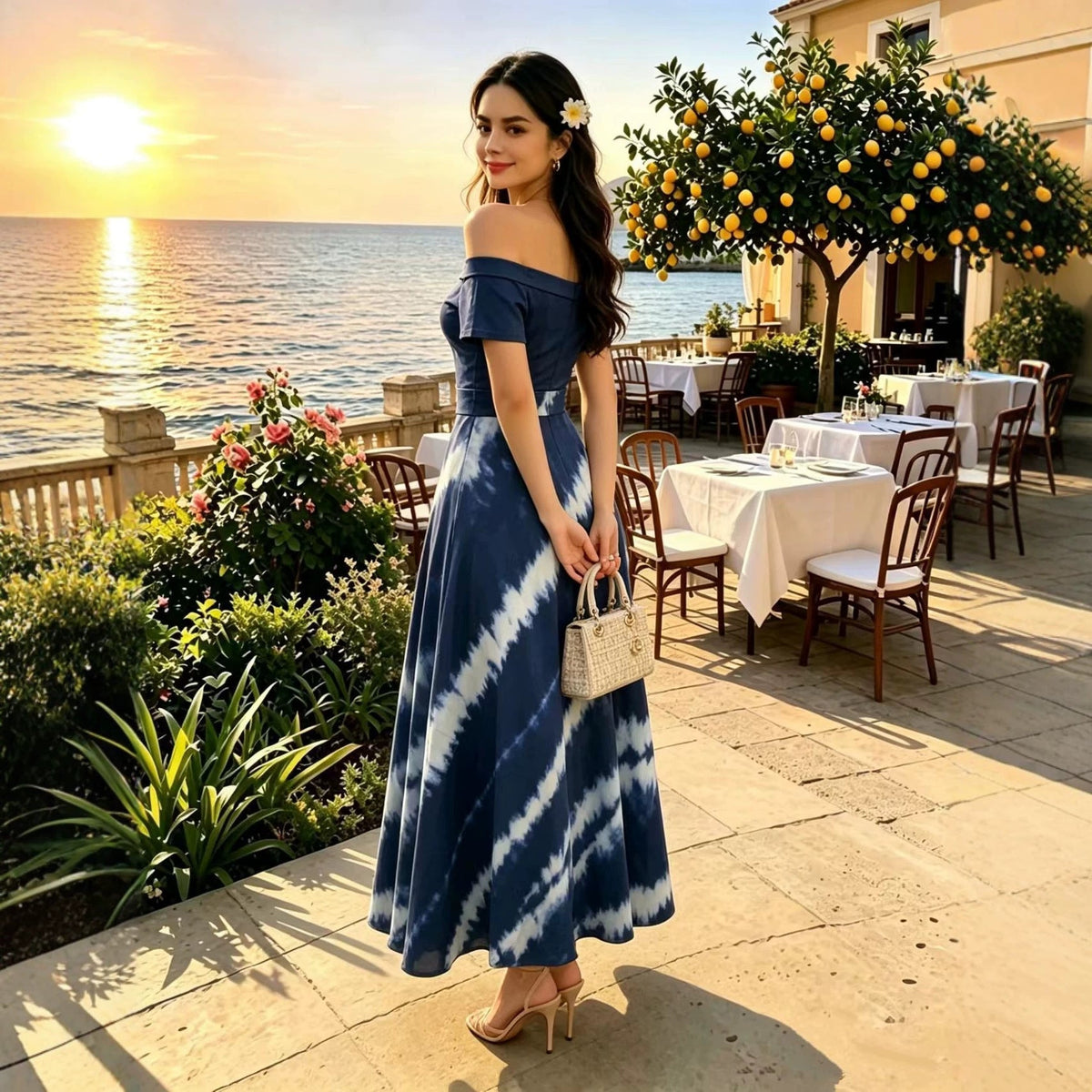 Printed Spring Summer off Shoulder Elegant Short Sleeve Slim Women Dress  DestGlow