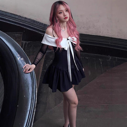 Autumn College Cute Bow Dress Sweet Spicy Doll Collar Contrast Color by Ragazza