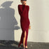 Autumn Winter Sexy Red Slit Backless Maxi Dress Women Waist Controlled Design Maxi Dress by Ragazza