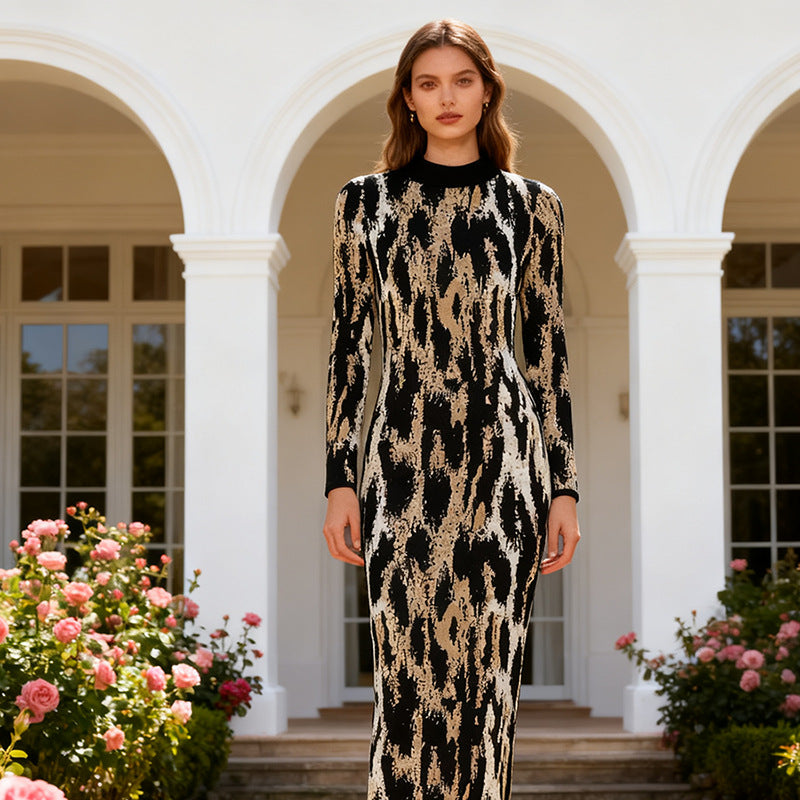 Spring Sexy Sexy Trendy Waist Slimming Leopard Print Turtleneck Sheath Dress Women by Ragazza