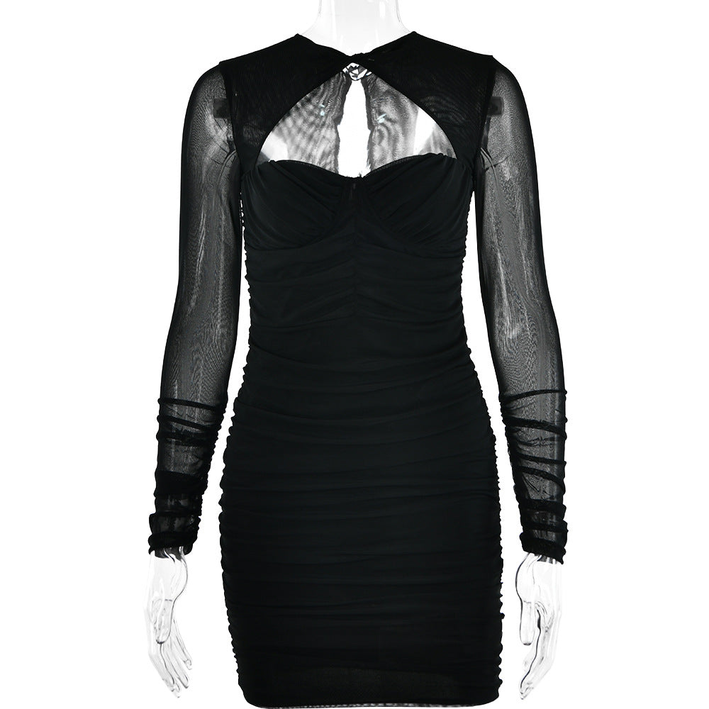 Summer Hollow Out Cutout Low Cut Dress Women Sexy Sexy Sheer Long Sleeve Skinny Hip Dress by Ragazza