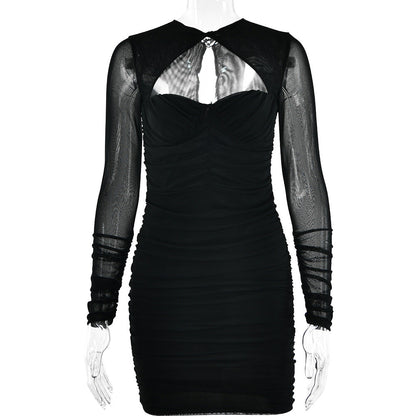 Summer Hollow Out Cutout Low Cut Dress Women Sexy Sexy Sheer Long Sleeve Skinny Hip Dress by Ragazza