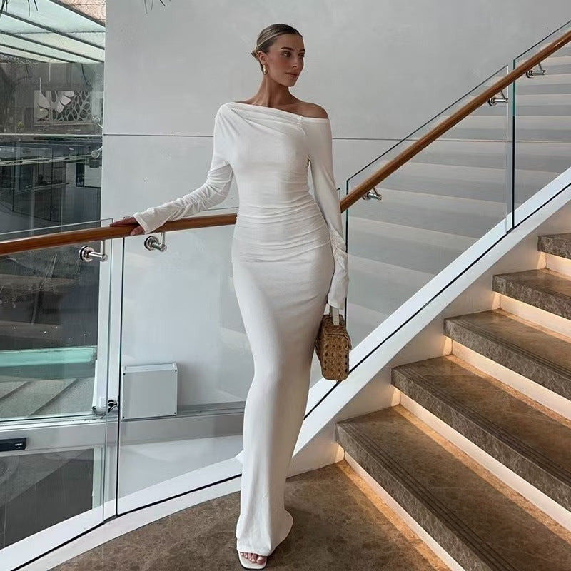 Sexy Women Clothing Sloping-Shoulder off the Shoulder Long Sleeve Slim Fit Pleated Long Socialite Dress by Ragazza