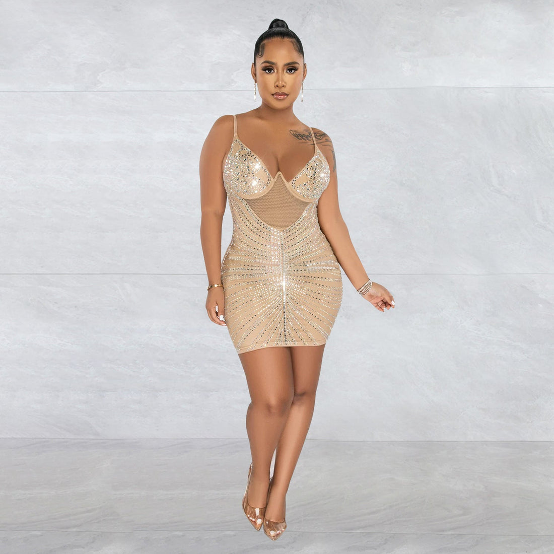 Women Wear Rhinestone Mesh Camisole Sleeveless Dress by Ragazza