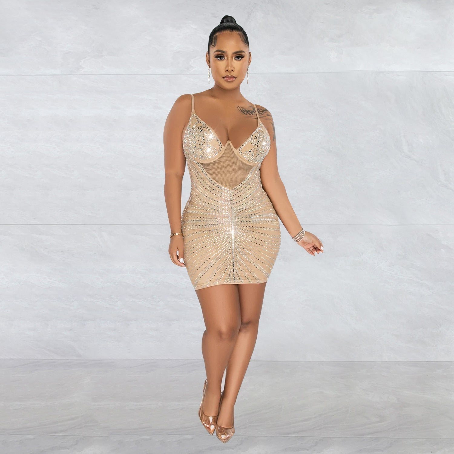 Women Wear Rhinestone Mesh Camisole Sleeveless Dress by Ragazza