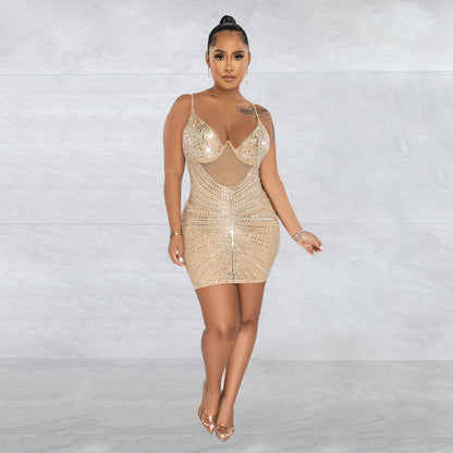 Women Wear Rhinestone Mesh Camisole Sleeveless Dress by Ragazza