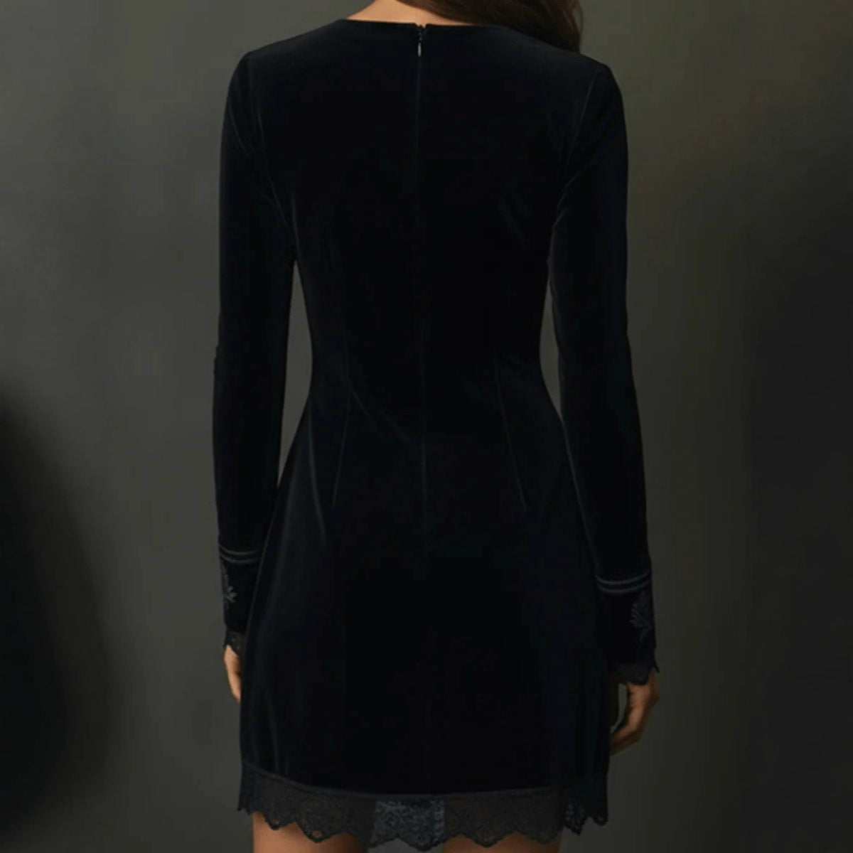 Retro Elegant Velvet Embroidered Lace V neck Long Sleeve Dress by Ragazza
