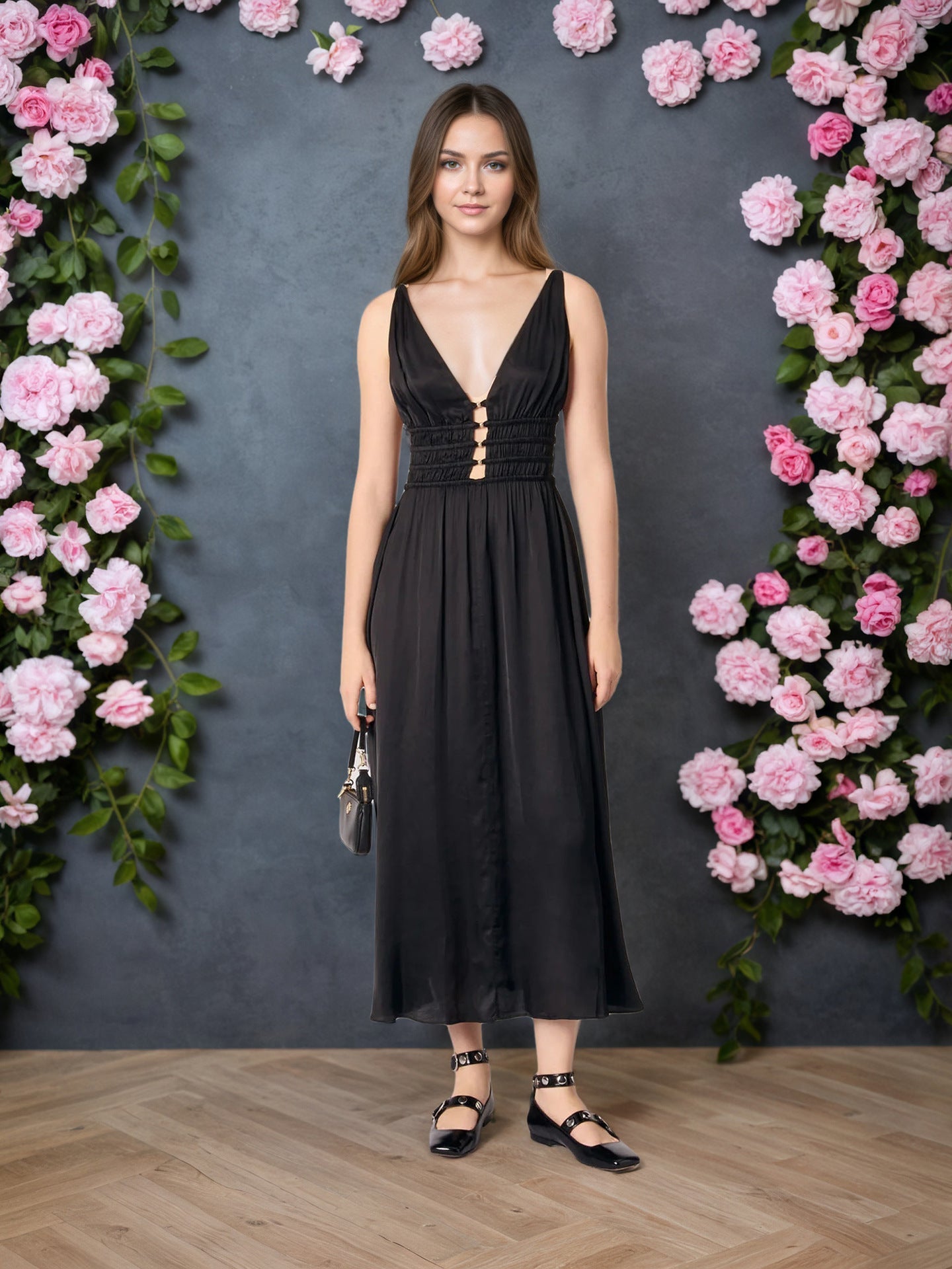 Elegant Sleeveless Deep V Plunge Black Camisole Maxi Dress Elegant High Grade Formal Dress Women Dress by Ragazza