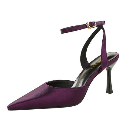 Sexy Nightclub Hollow Out Cutout out Stiletto Women Shoes Pointed Shallow Mouth Senior Satin Rear Empty Strap  DestGlow