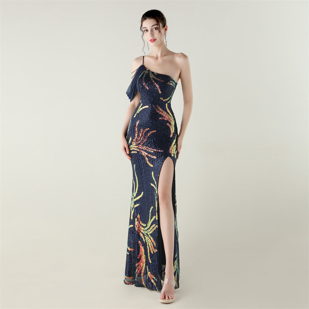 Sequin Mesh Craft Beaded Evening Dress off the Shoulder High Slit Fishtail Dress Swing Cocktail Social Socialite by Ragazza