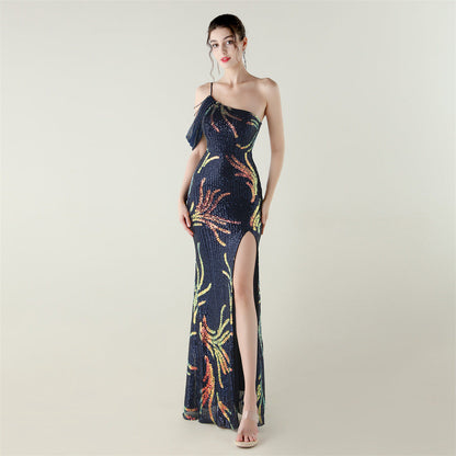 Sequin Mesh Craft Beaded Evening Dress off the Shoulder High Slit Fishtail Dress Swing Cocktail Social Socialite by Ragazza