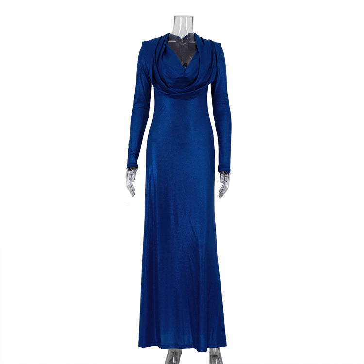 Elegant Dress Women Solid Color Long Sleeve Swing Collar Hooded Slim Fit High Waist Sheath Dress by Ragazza