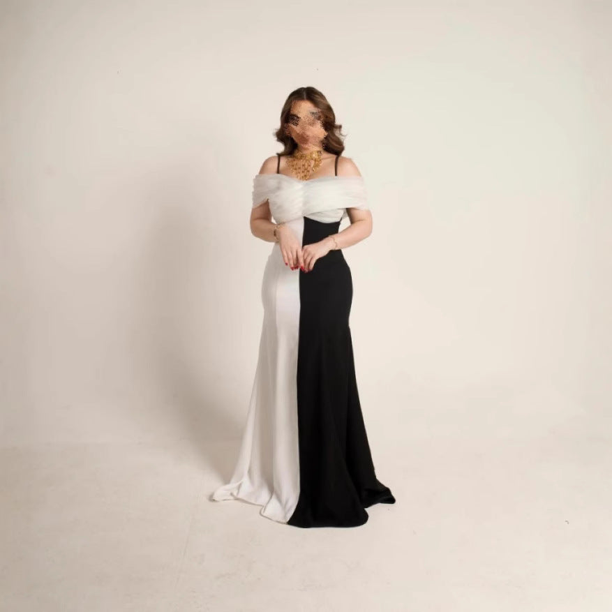 Spring Summer Women Strap Color Matching Pleated Slim Elegance Retro Dress  DestGlow
