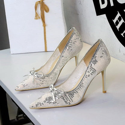 Sexy Party Lace Sequ Decorative Bowknot Slip on Super High Heel Pointed Toe  DestGlow