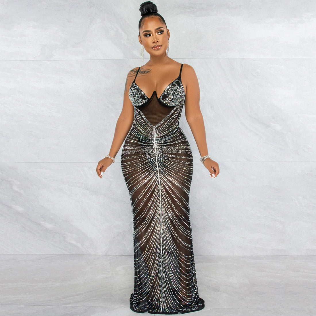 Rhinestone Sexy Spaghetti Straps Corset Mesh See through Maxi Dress by Ragazza