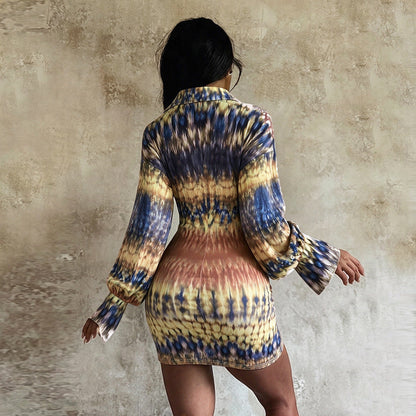 Sexy Print Dress Sexy V neck Long Sleeve Narrow Cinched Short Dress  DestGlow