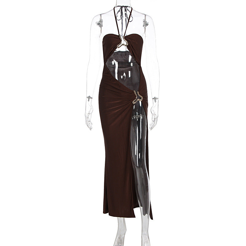 Women Clothing Summer Sexy Lace up Cutout Metal Decoration Split Dress by Ragazza