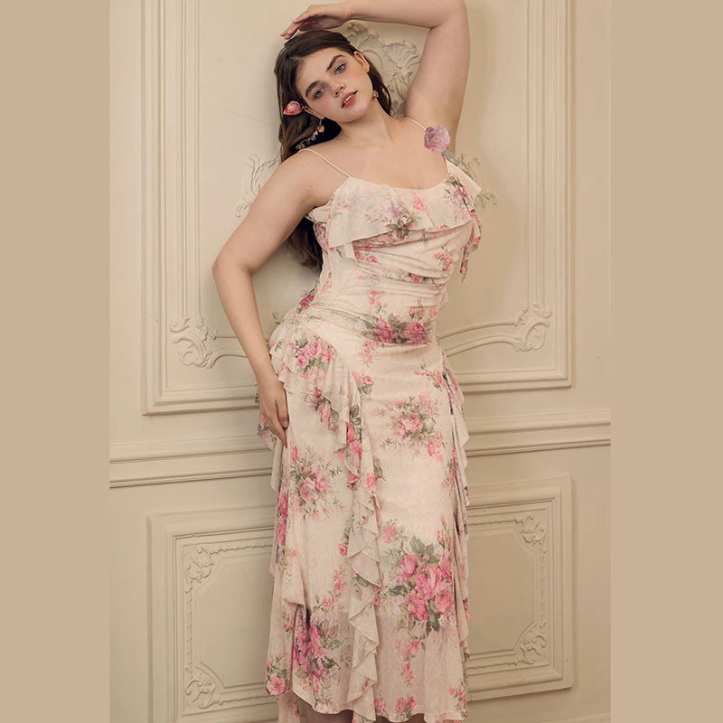 Spring Women Clothing French Sexy Ruffled Floral Decoration Printed Mesh Sling Dress by Ragazza
