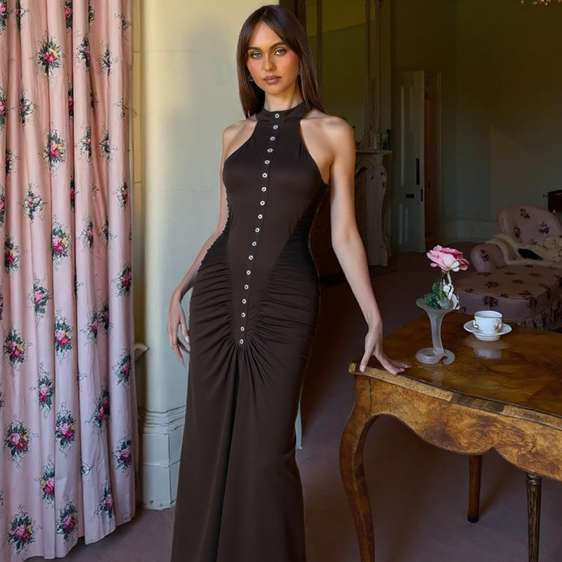 French Women Autumn Slim Fit Crumpled Button round Neck Sleeveless Dress for Women by Ragazza