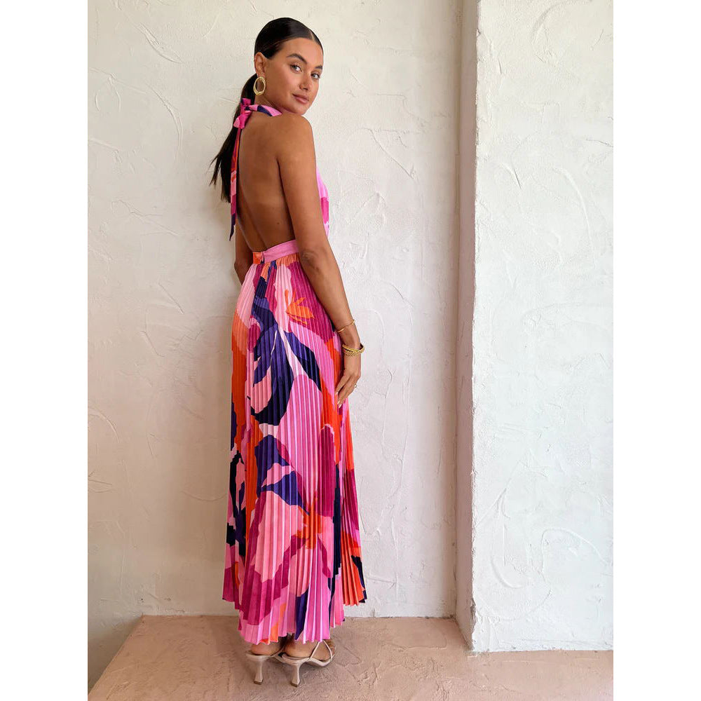 Spring Summer Halter Pleated Dress Casual Loose Vacation Women Clothing Dress  DestGlow