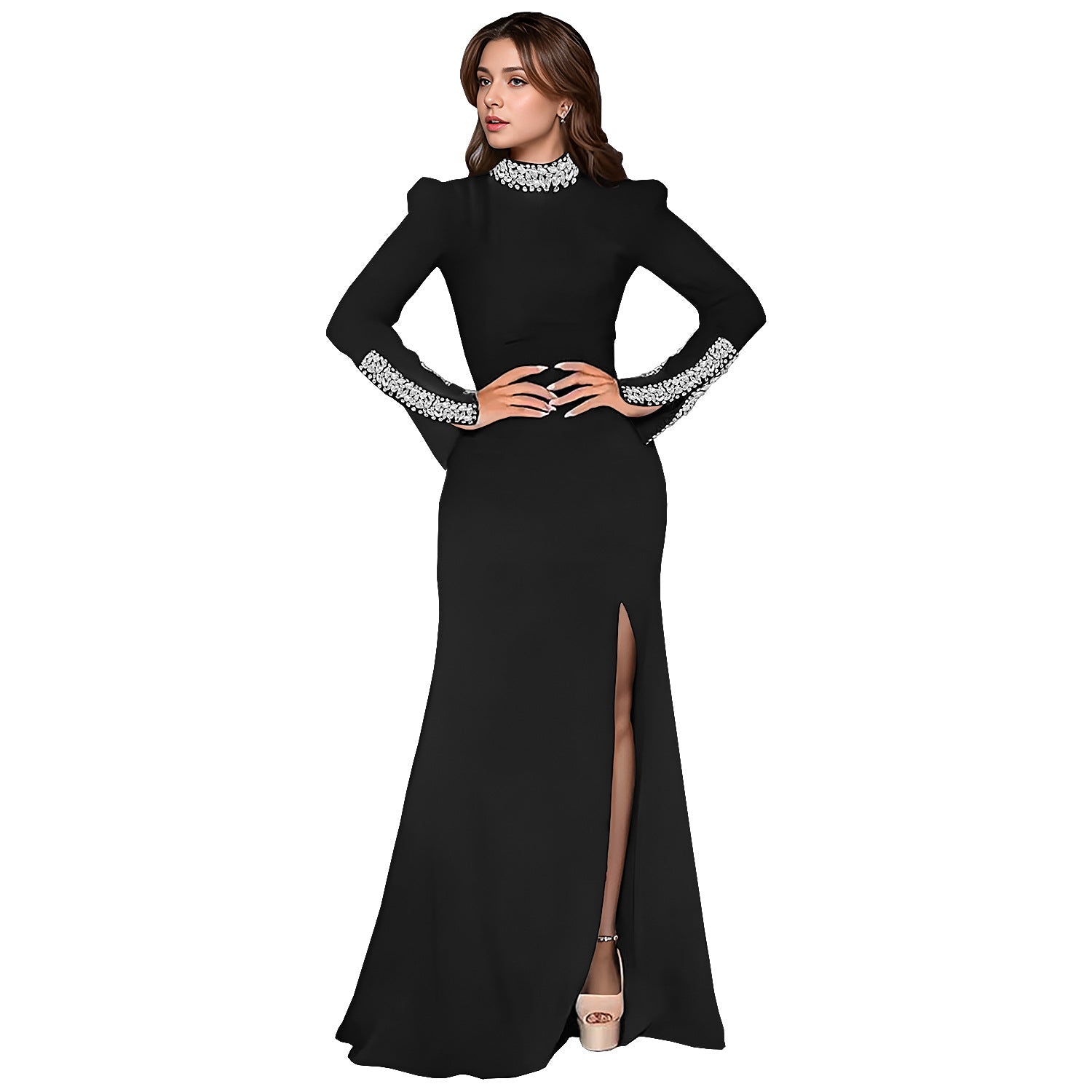 Women Wear Solid Color Long Sleeve Rhinestone Split Dress