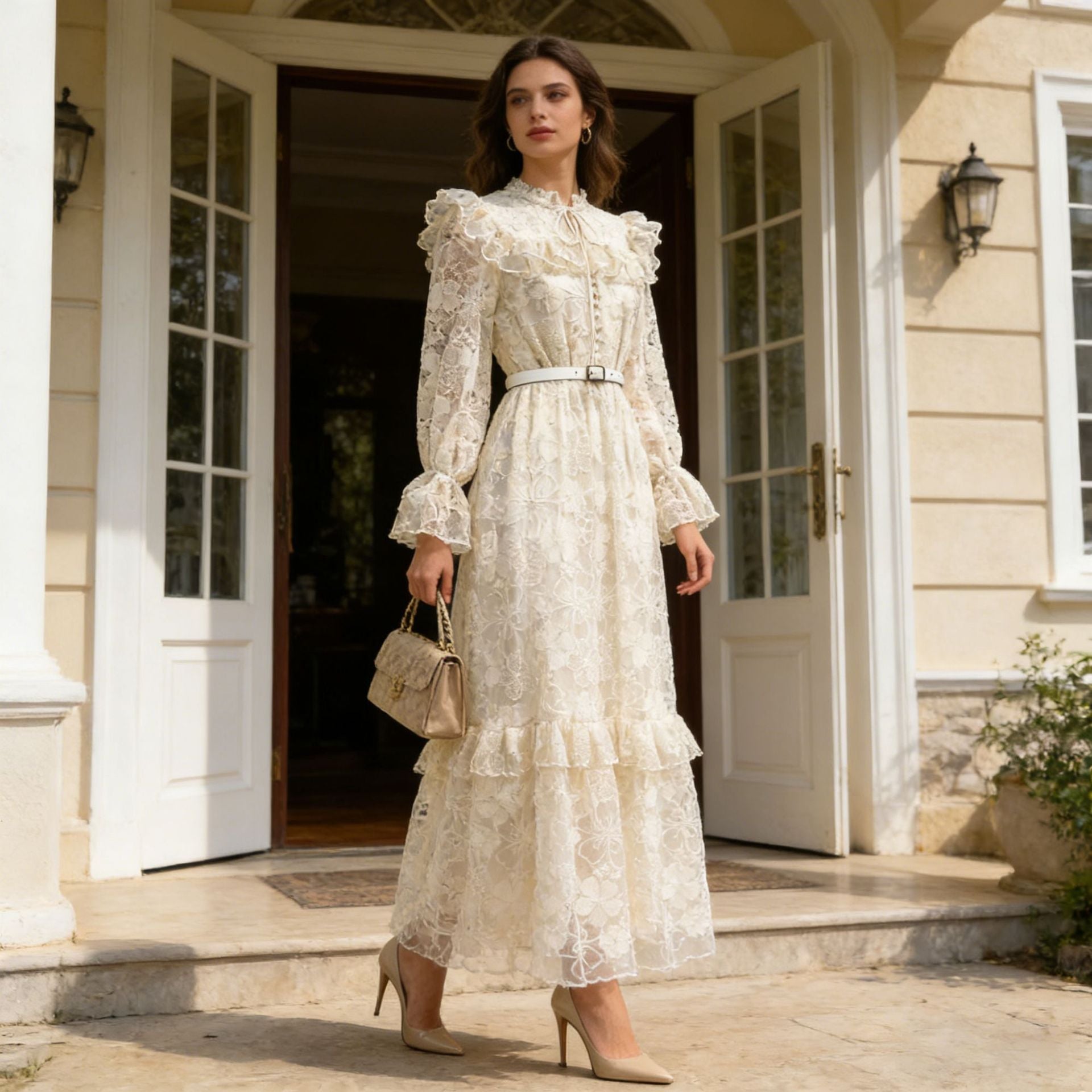 Summer Elegant Retro Lace Belt Lantern Sleeve Slim Slimming High Waist Dress Women by Ragazza
