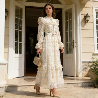 Summer Elegant Retro Lace Belt Lantern Sleeve Slim Slimming High Waist Dress Women by Ragazza