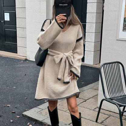 Idle Tie Waist Trimming Loose Knitted V neck Long Sleeve Fall Mid Length Dress Women by Ragazza