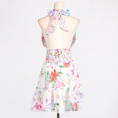 Retro Printed Vacation Summer Halter Design Deep V Plunge neck Sleeveless Short Dress for Women by Ragazza