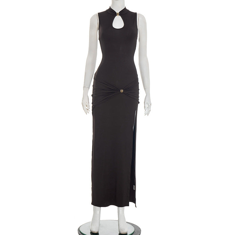 Women Clothing Spring Metal Buckle Half Turtleneck Sleeveless Sheath Slit Pleated Dress by Ragazza