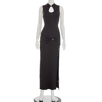 Women Clothing Spring Metal Buckle Half Turtleneck Sleeveless Sheath Slit Pleated Dress by Ragazza