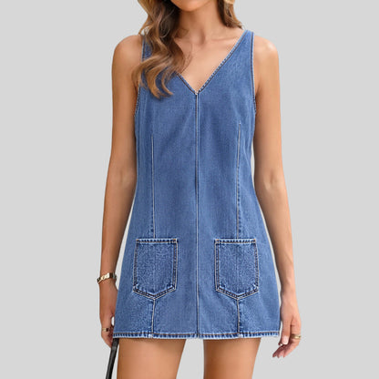 Summer V neck Denim Strap Dress Women Sleeveless Short Casual Figure Flattering Suspender Dress by Ragazza