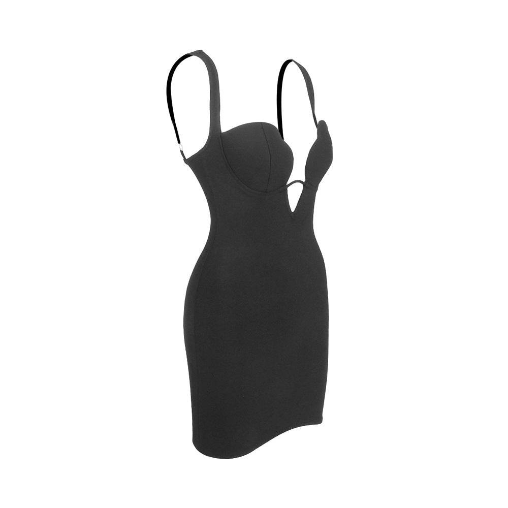 Sexy V neck Strap Zipper Furcal Lower Hem Dress Nightclub Black French Dress by Ragazza