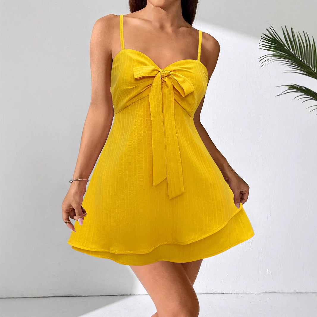 Bow Beach Dress Beautiful Seaside Solid Color Holiday Short Mini Dress Summer by Ragazza