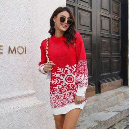 Christmas Woolen Women Snowflake Jacquard Lantern Sleeve Loose Knitted Dress Autumn Winter Women Clothing by Ragazza